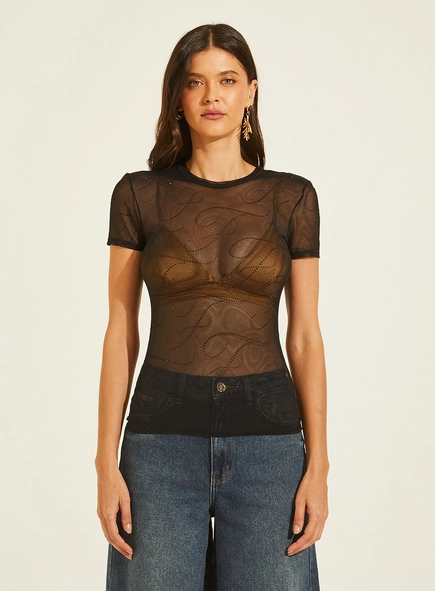 Camiseta Tule Justa Com Aplicações