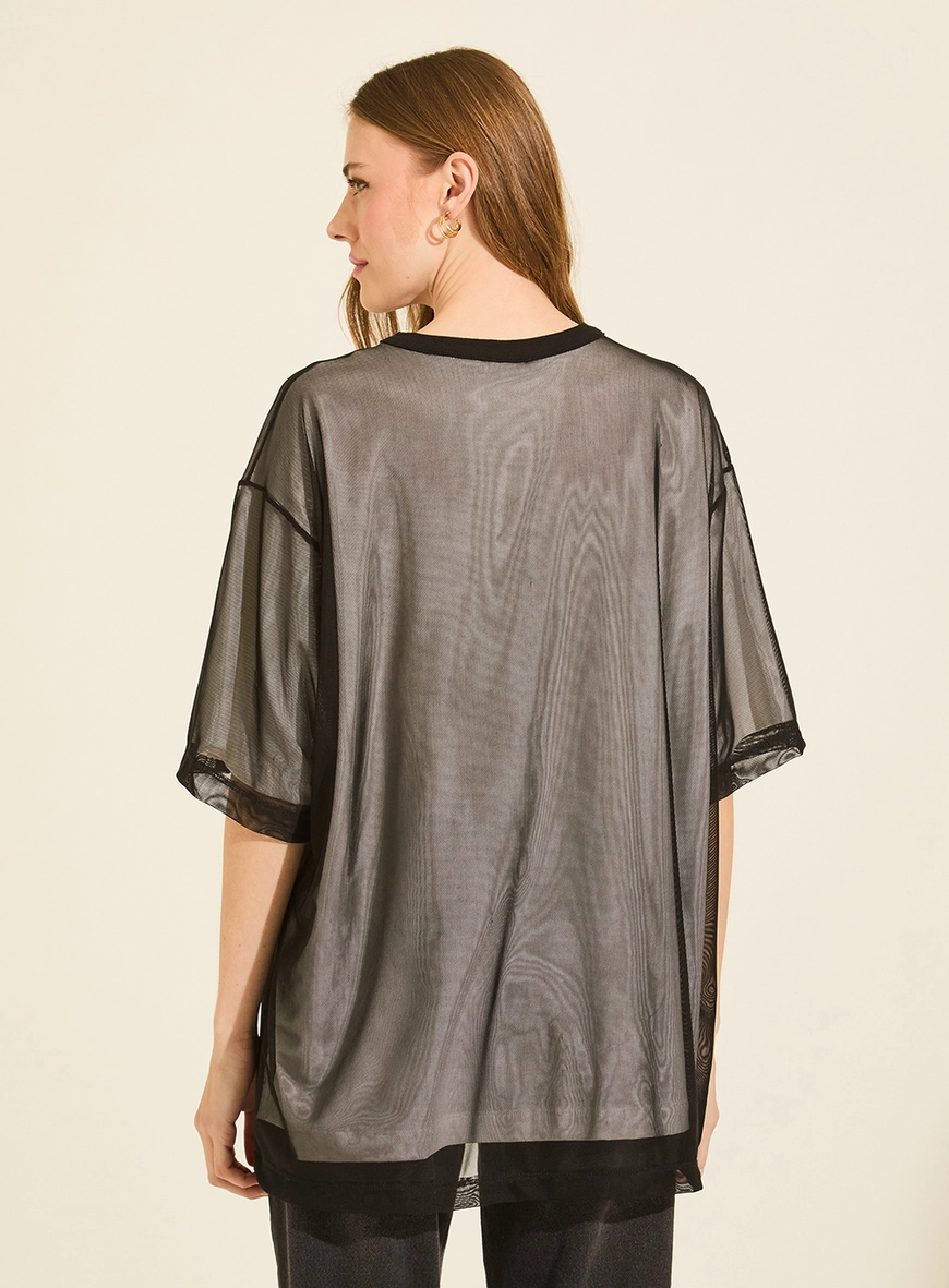 Camiseta Tule Loose Dupla Camada Com Aplicação PRETO