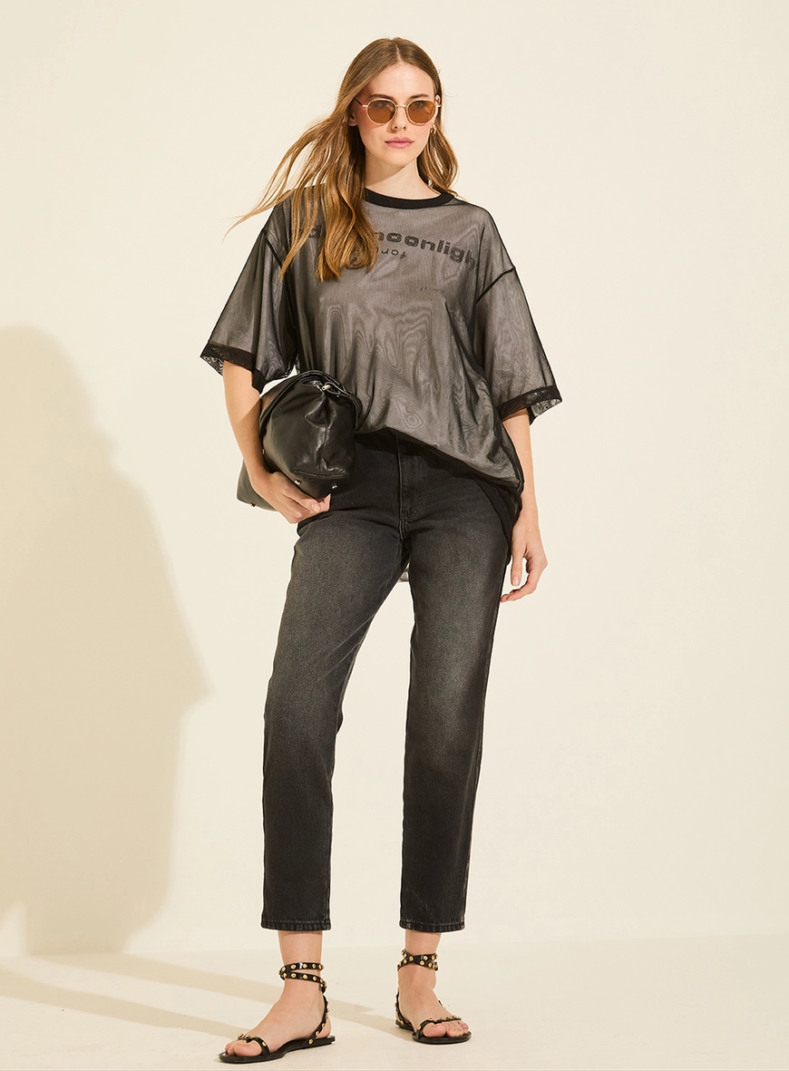 Camiseta Tule Loose Dupla Camada Com Aplicação PRETO