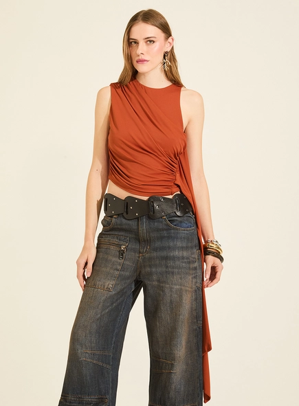 Blusa De Malha Drapeada Com Faixa Embutida