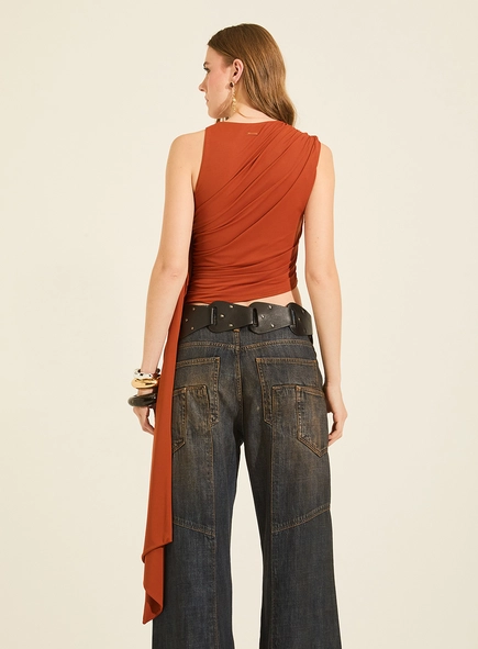 Blusa De Malha Drapeada Com Faixa Embutida
