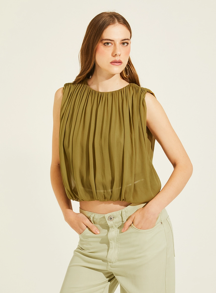 Blusa Cropped Gola Canoa Plissada Verde