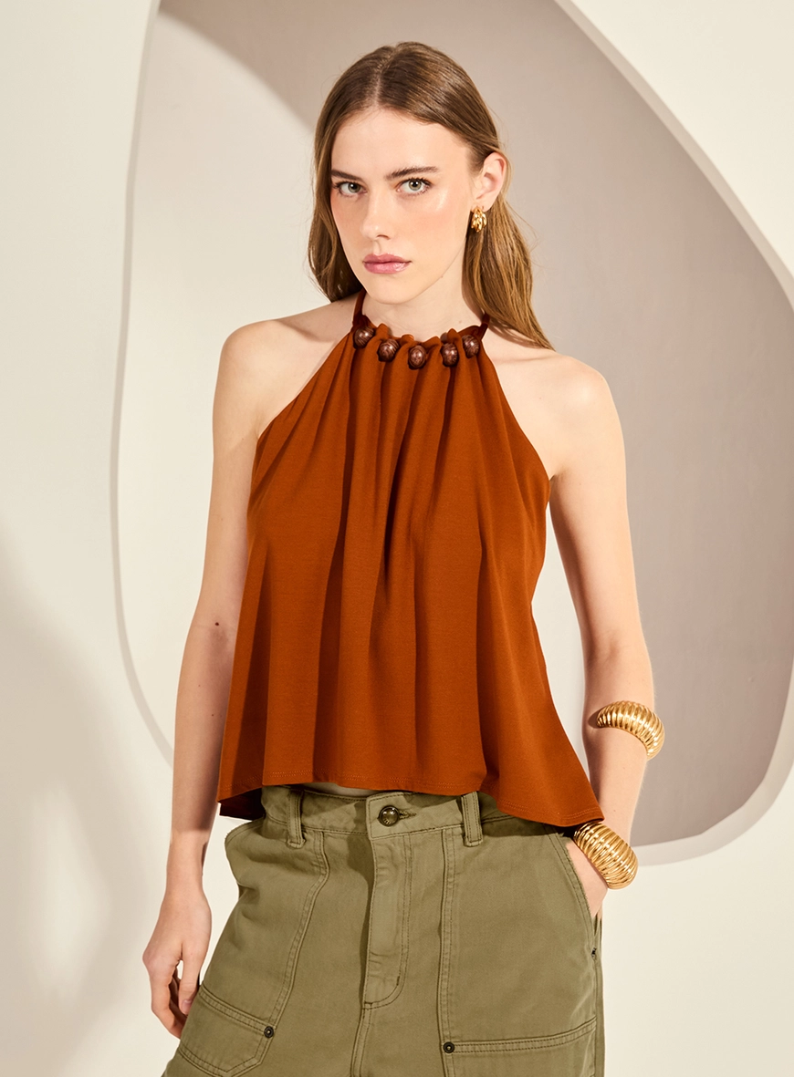 Blusa Halter Com Shape Solto Detalhe Esferas Marrom Zeus