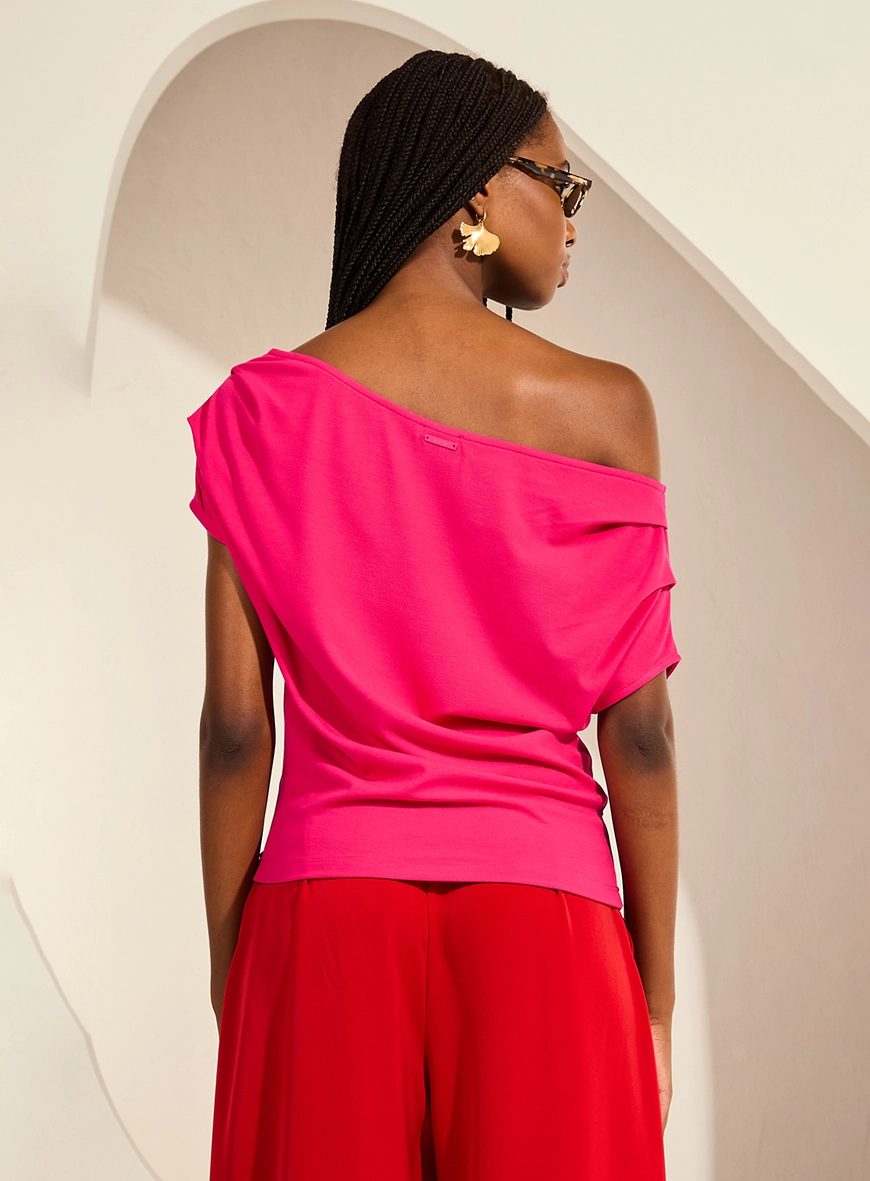 Blusa Ajustada Ombro A Ombro Drapeada De Malha Rosa