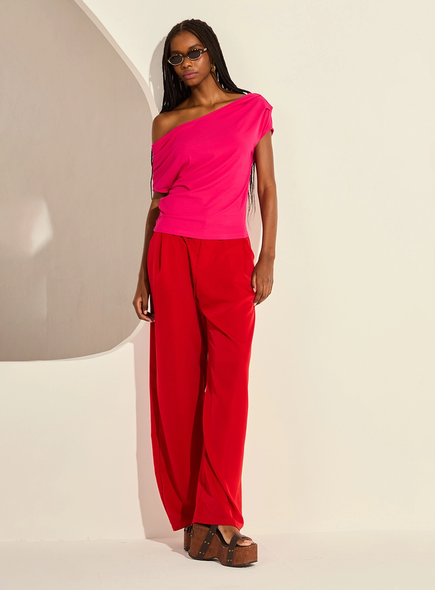 Blusa Ajustada Ombro A Ombro Drapeada De Malha Rosa