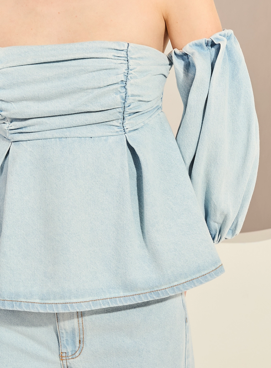Blusa Jeans Tomara Que Caia Com Mangas Bufantes Índigo