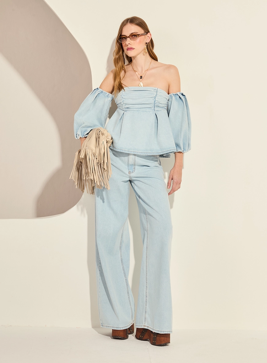 Blusa Jeans Tomara Que Caia Com Mangas Bufantes Índigo