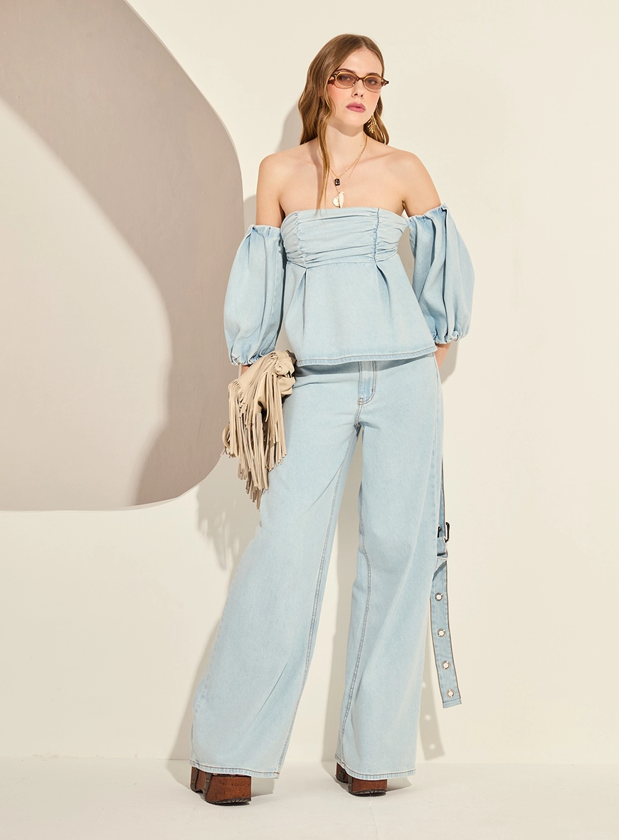 Blusa Jeans Tomara Que Caia Com Mangas Bufantes Índigo