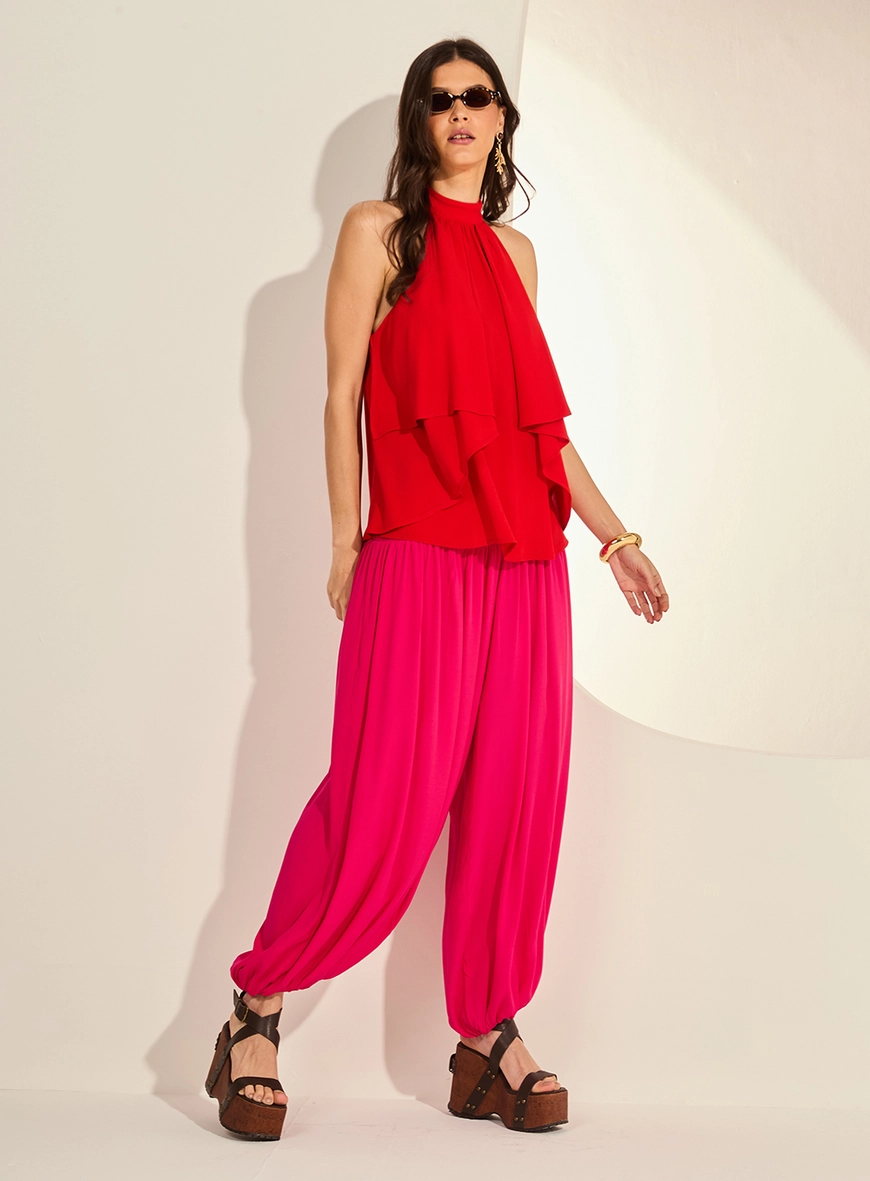 Blusa Ampla Halter Gola Alta Com Babados Vermelho