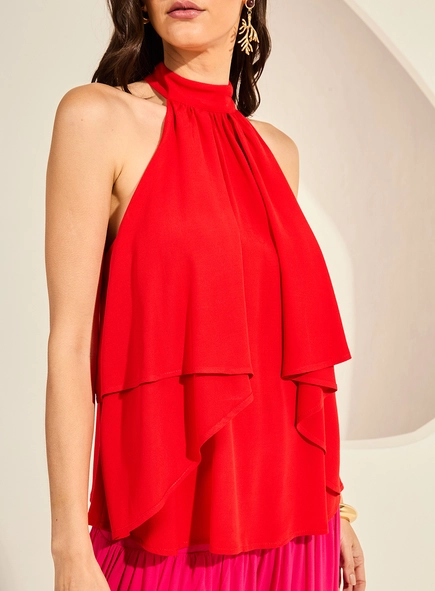 Blusa Ampla Halter Gola Alta Com Babados