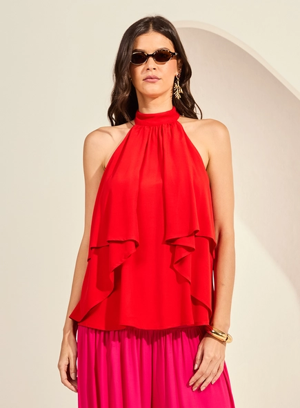 Blusa Ampla Halter Gola Alta Com Babados