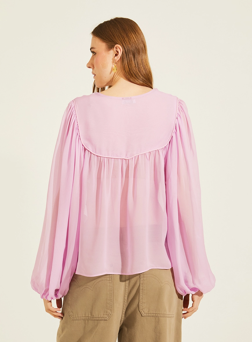 Blusa Ampla Manga Longa Bufante Com Decote V Lilas