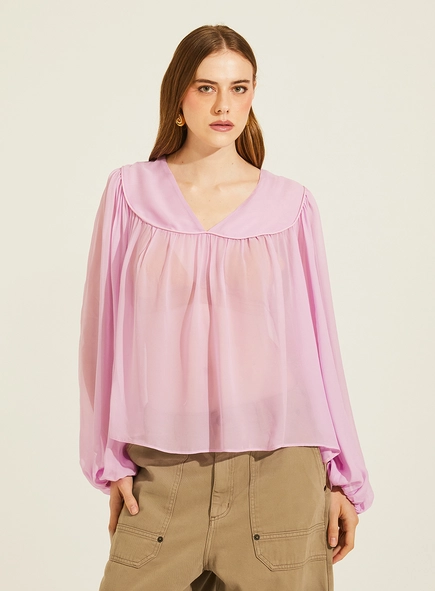Blusa Ampla Manga Longa Bufante Com Decote V