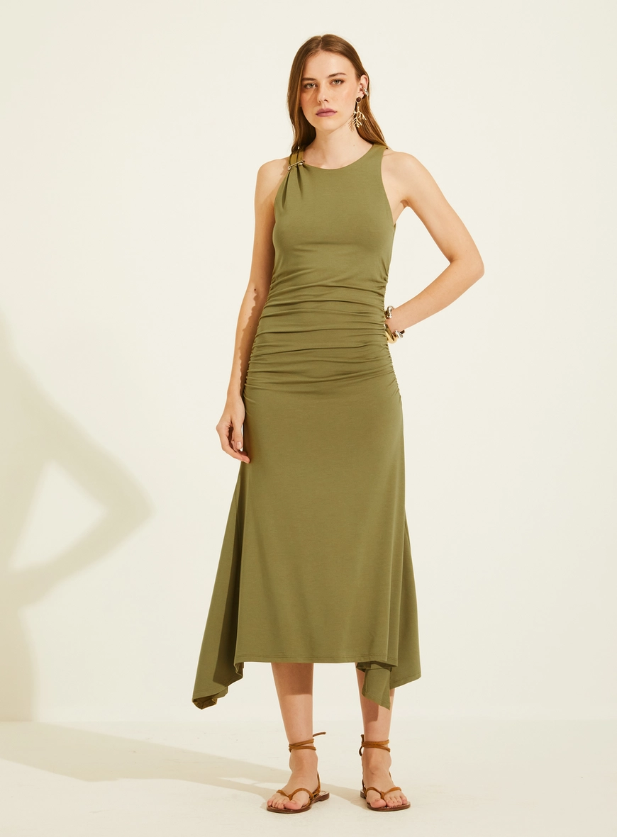 Vestido Maxi Midi De Malha Com Franzidos Verde