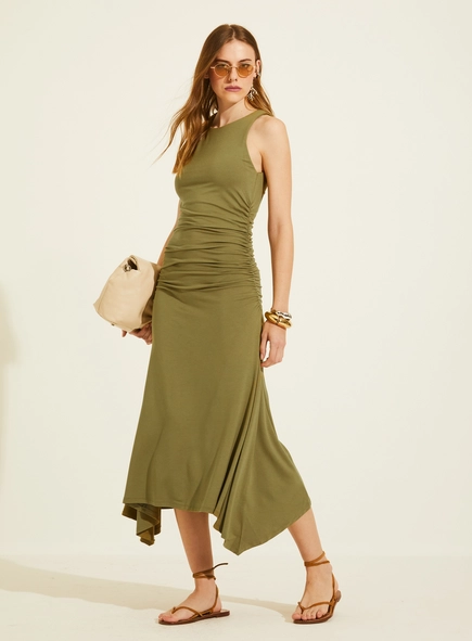 Vestido Maxi Midi De Malha Com Franzidos