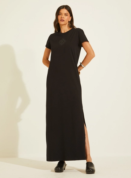 Vestido Maxi Midi Em Malha Com Fenda E Aplicação