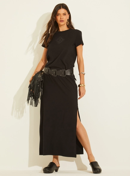Vestido Maxi Midi Em Malha Com Fenda E Aplicação