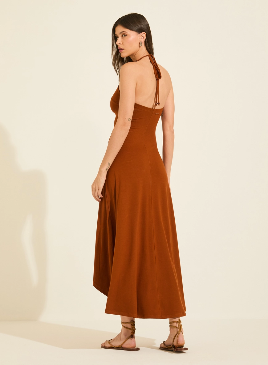 Vestido Midi Acinturado Frente Única Com Amarração Marrom Zeus