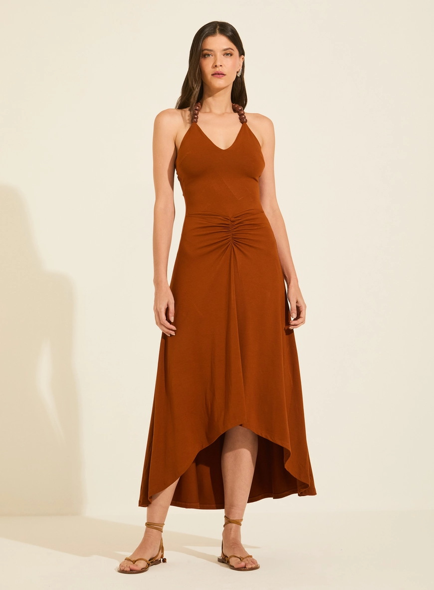 Vestido Midi Acinturado Frente Única Com Amarração Marrom Zeus