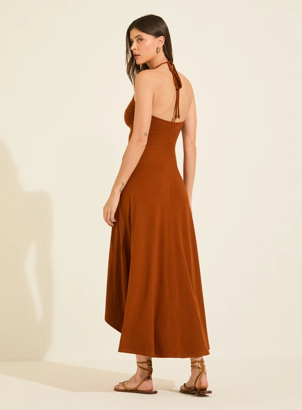 Vestido Midi Acinturado Frente Única Com Amarração