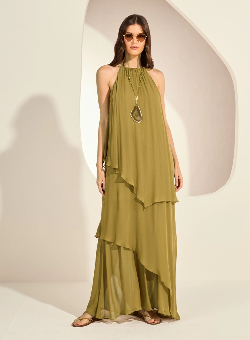 Vestido Longo Amplo Assimétrico Em Camadas Verde