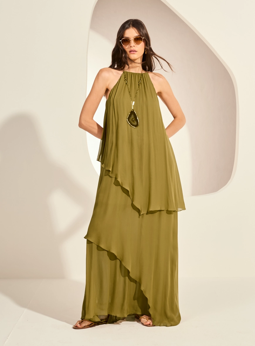 Vestido Longo Amplo Assimétrico Em Camadas Verde