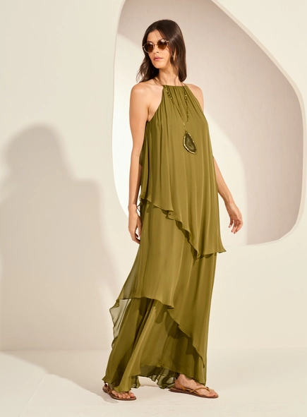 Vestido Longo Amplo Assimétrico Em Camadas
