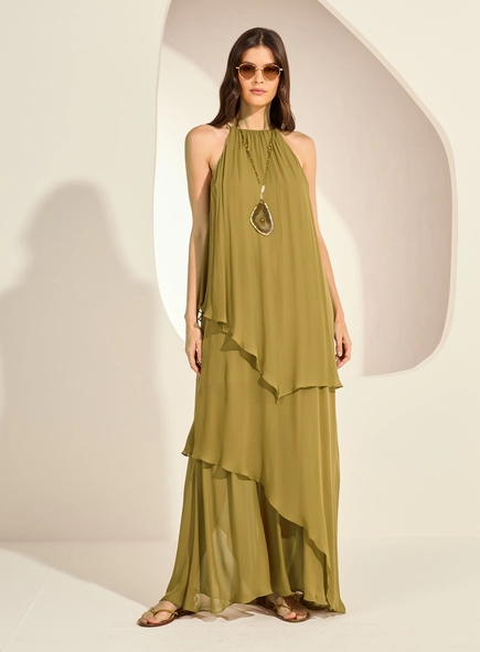 Vestido Longo Amplo Assimétrico Em Camadas