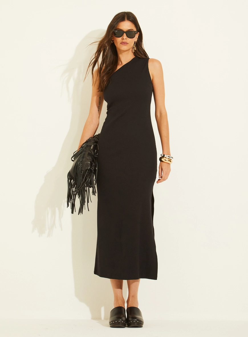 Vestido Midi Canelado De Uma Alça Com Fenda Preto