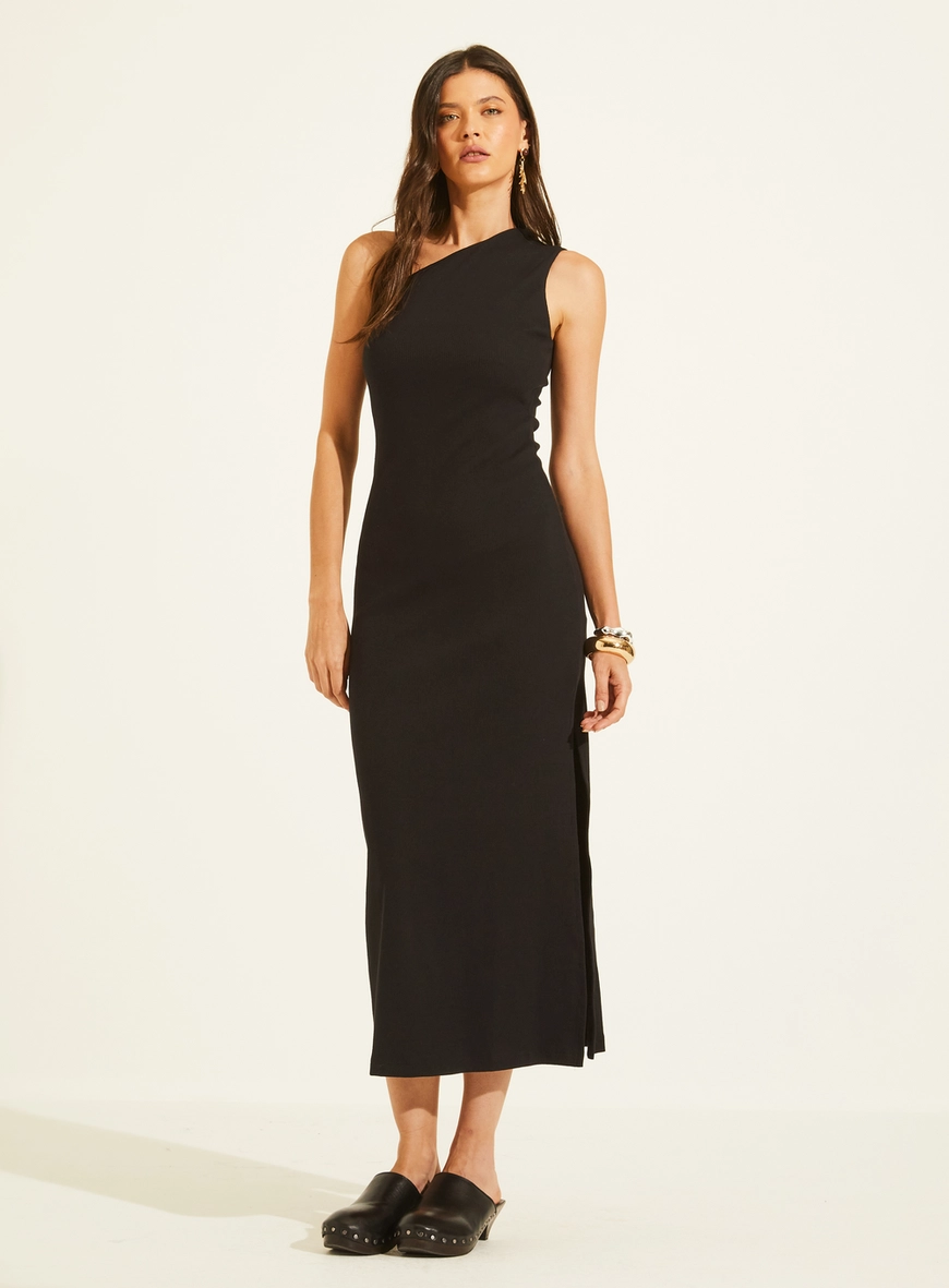 Vestido Midi Canelado De Uma Alça Com Fenda Preto