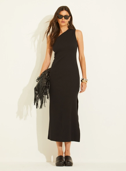 Vestido Midi Canelado De Uma Alça Com Fenda