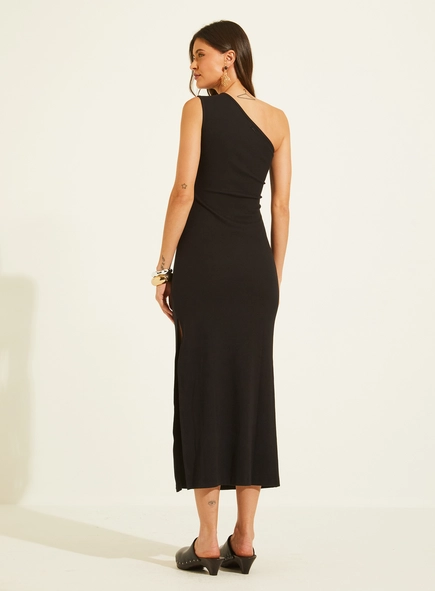 Vestido Midi Canelado De Uma Alça Com Fenda