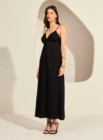 Vestido Longo Fluido Decote V De Alças Finas