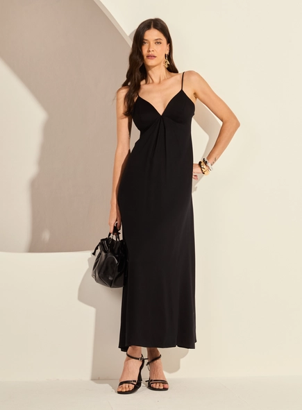 Vestido Longo Fluido Decote V De Alças Finas