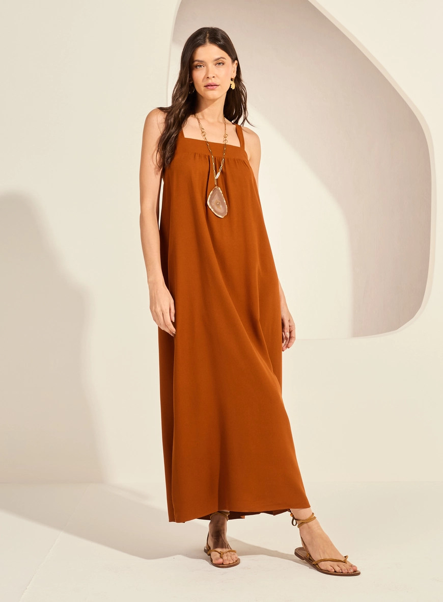 Vestido Midi Amplo De Alças Largas Decote Reto Marrom Zeus