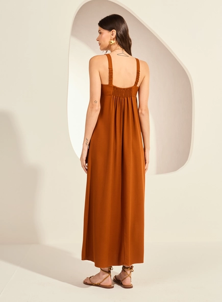 Vestido Midi Amplo De Alças Largas Decote Reto