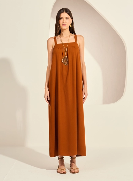 Vestido Midi Amplo De Alças Largas Decote Reto
