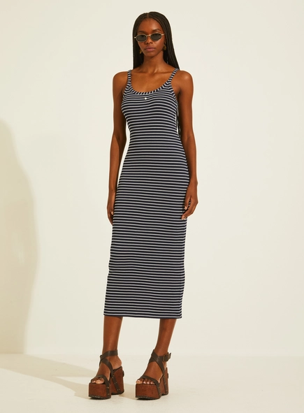 Vestido Midi Justo Canelado Listrado