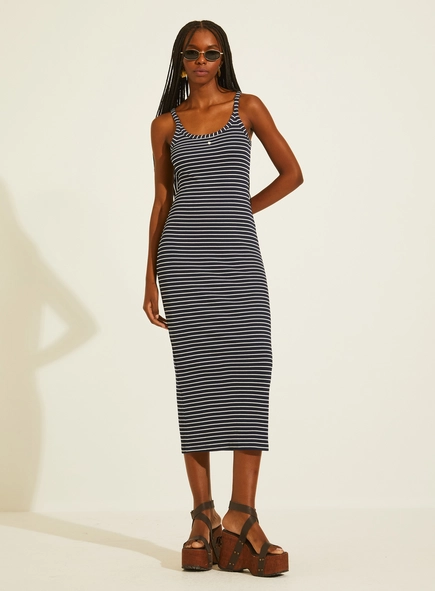 Vestido Midi Justo Canelado Listrado