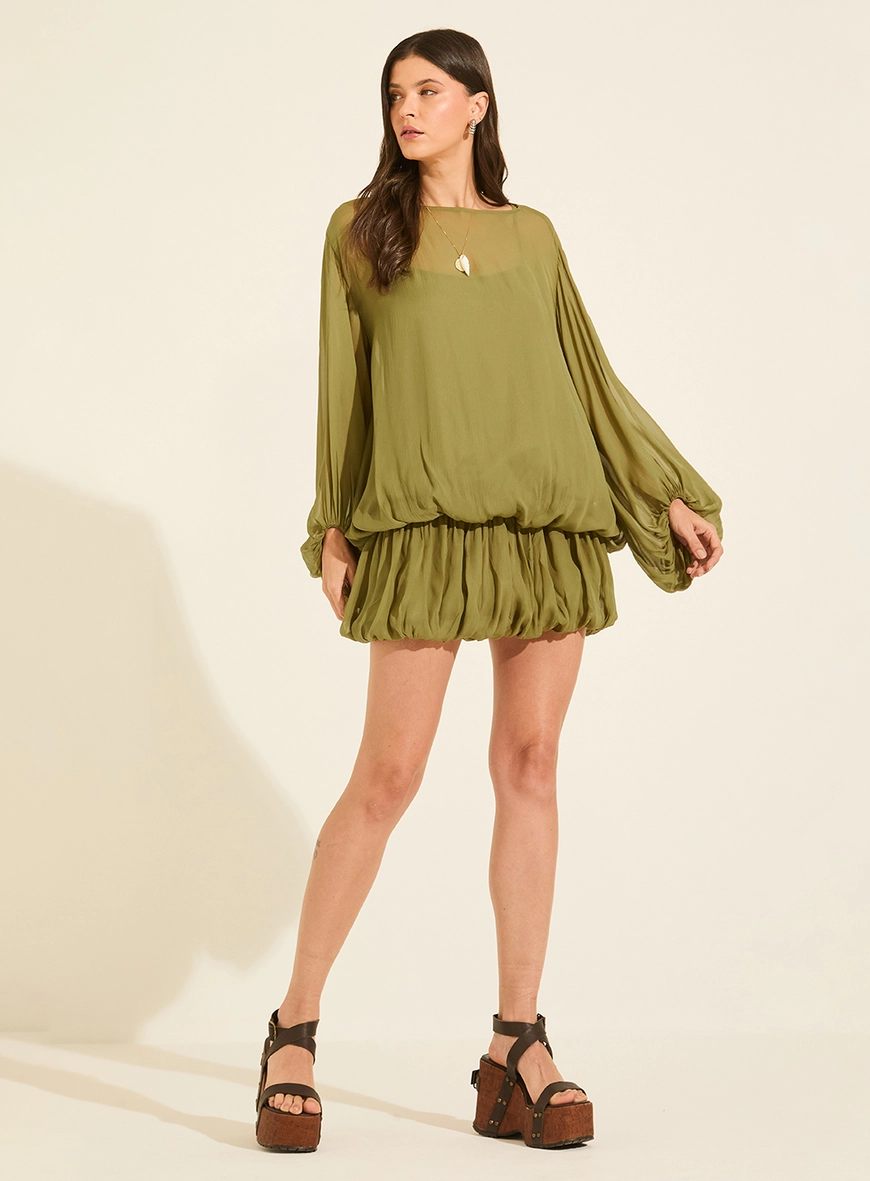 Vestido Curto Balonê Transparência Com Manga Longa Verde