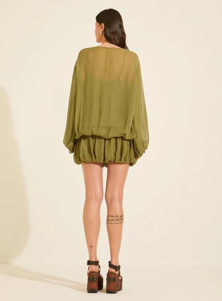 Vestido Curto Balonê Transparência Com Manga Longa
