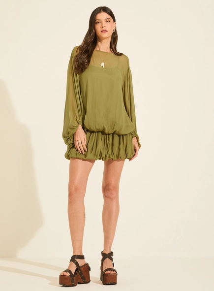 Vestido Curto Balonê Transparência Com Manga Longa