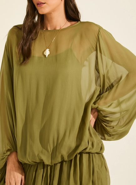 Vestido Curto Balonê Transparência Com Manga Longa