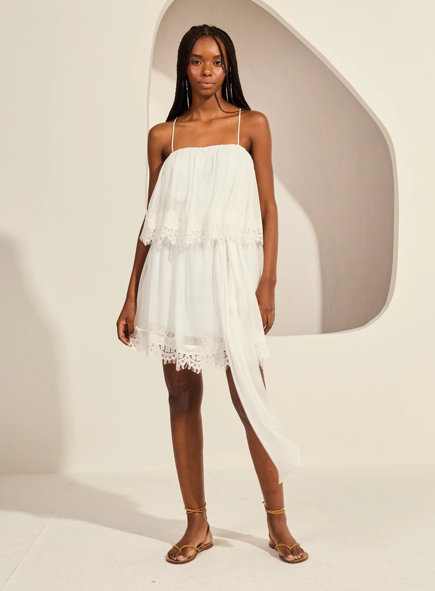 Vestido Curto Evasê Fluido Com Renda Off Shell