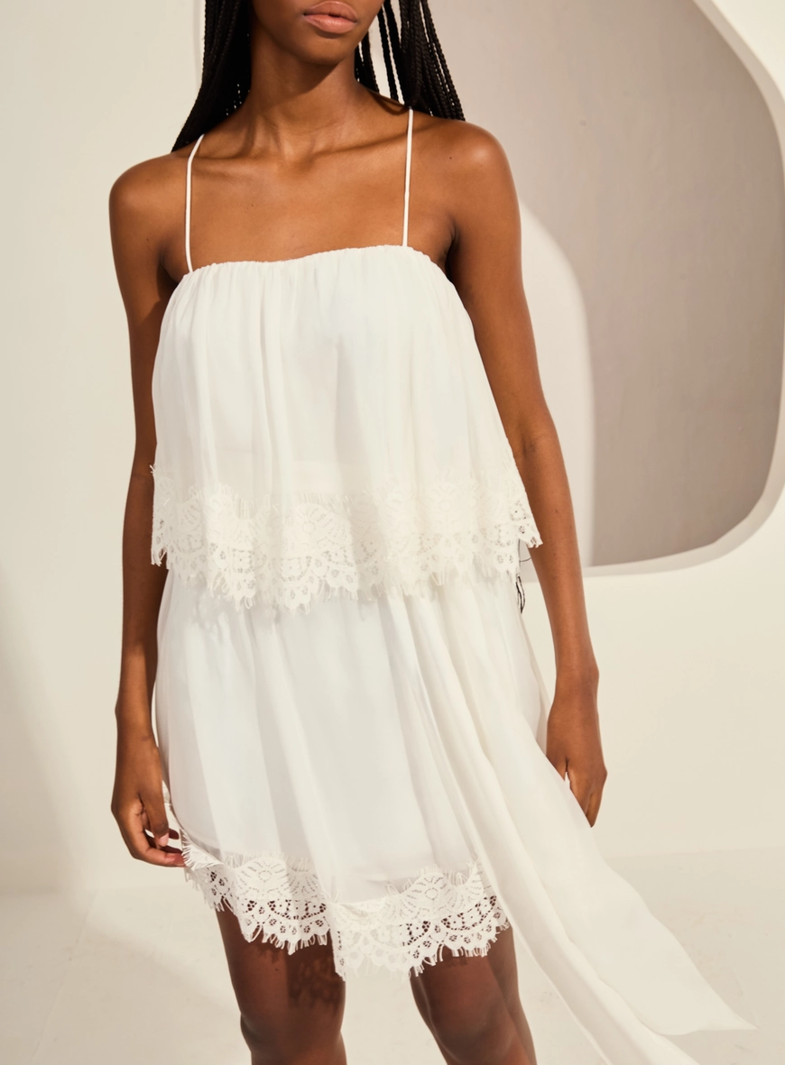 Vestido Curto Evasê Fluido Com Renda Off Shell