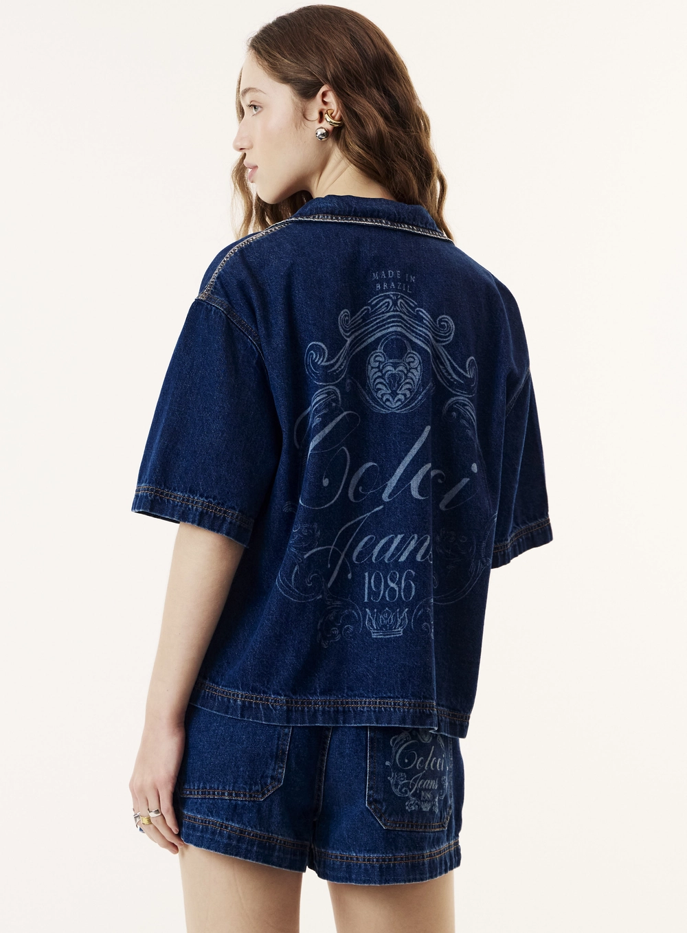 Camisa Jeans Reta Oversized Com  Bolso Feminino Índigo