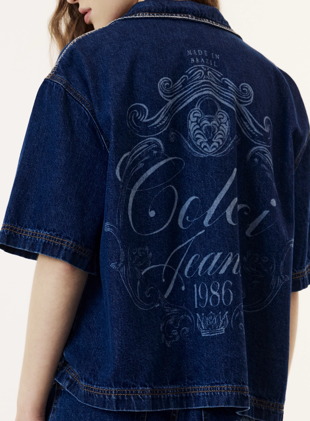 Camisa Jeans Reta Oversized Com  Bolso Feminino Índigo