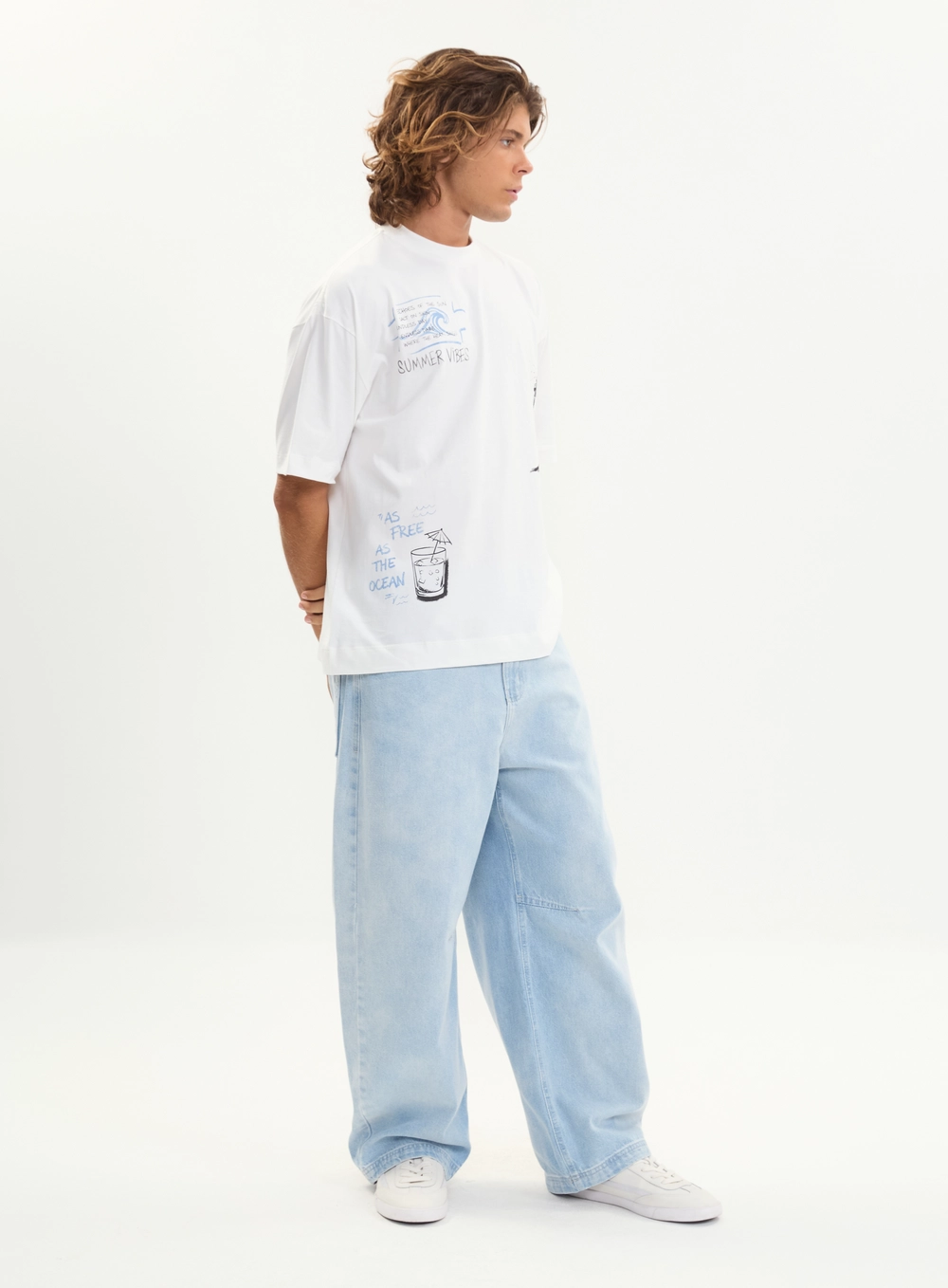 Calça Jeans Barrel Men Pernas Amplas Lavagem Clara Índigo