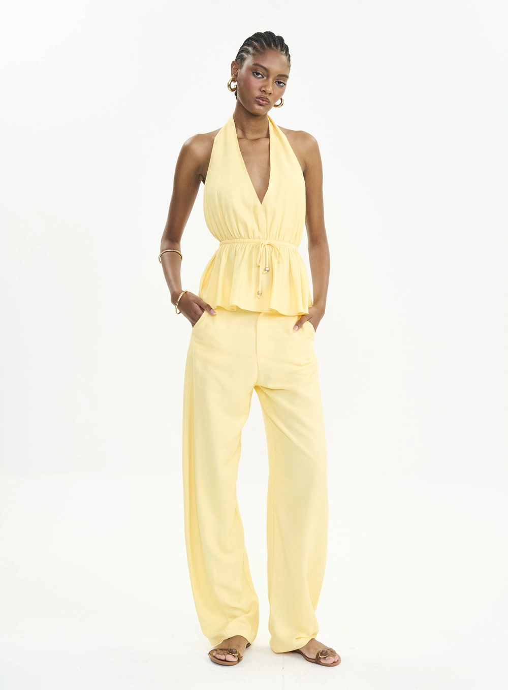 Calça Barril Alfaiataria Cintura Alta Feminina Amarelo