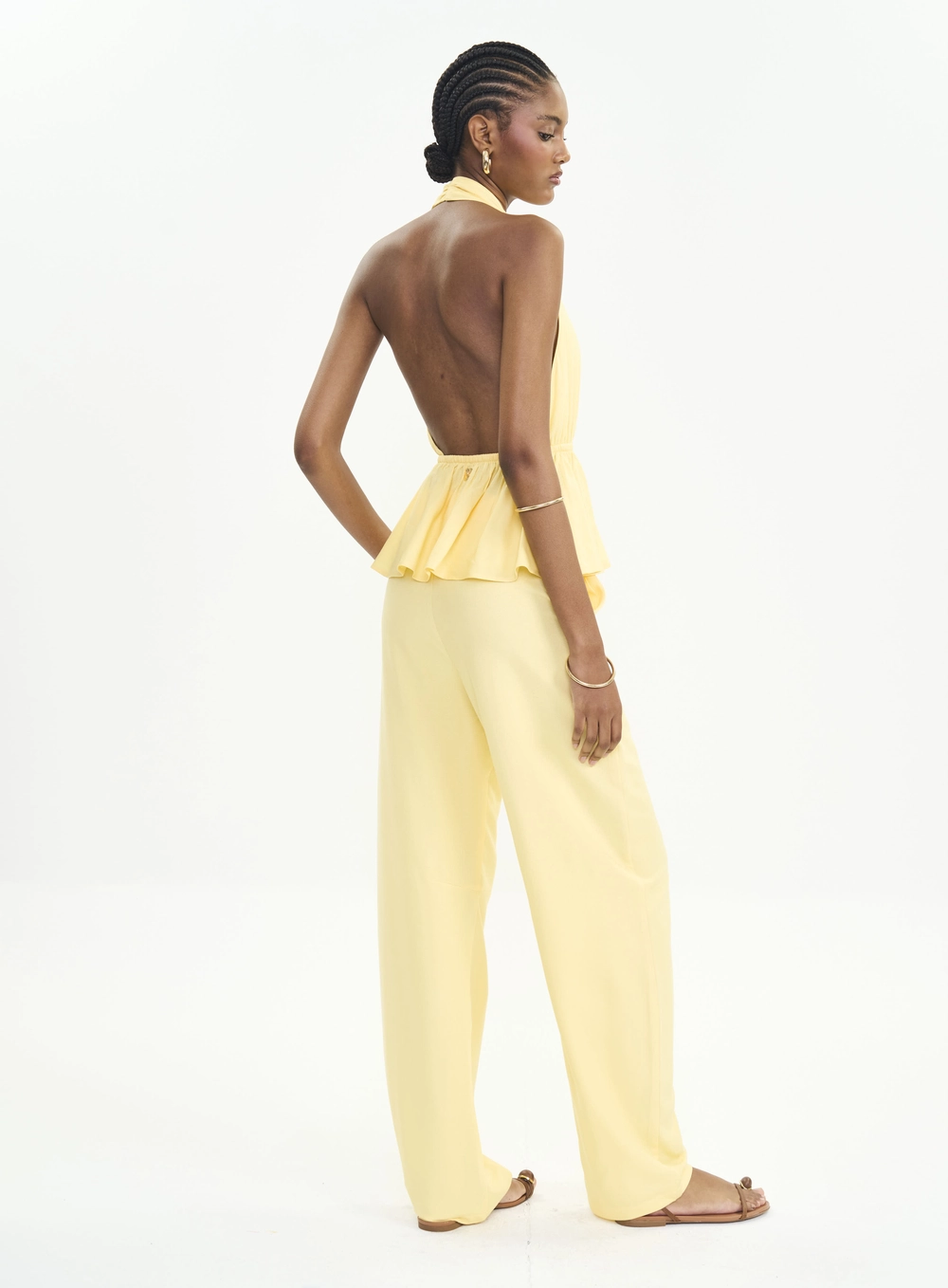 Calça Barril Alfaiataria Cintura Alta Feminina Amarelo
